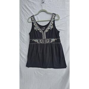 RXB Tank Top Womens Large Black Embroidered Paisley V Neck Boho Tunic Cotton
